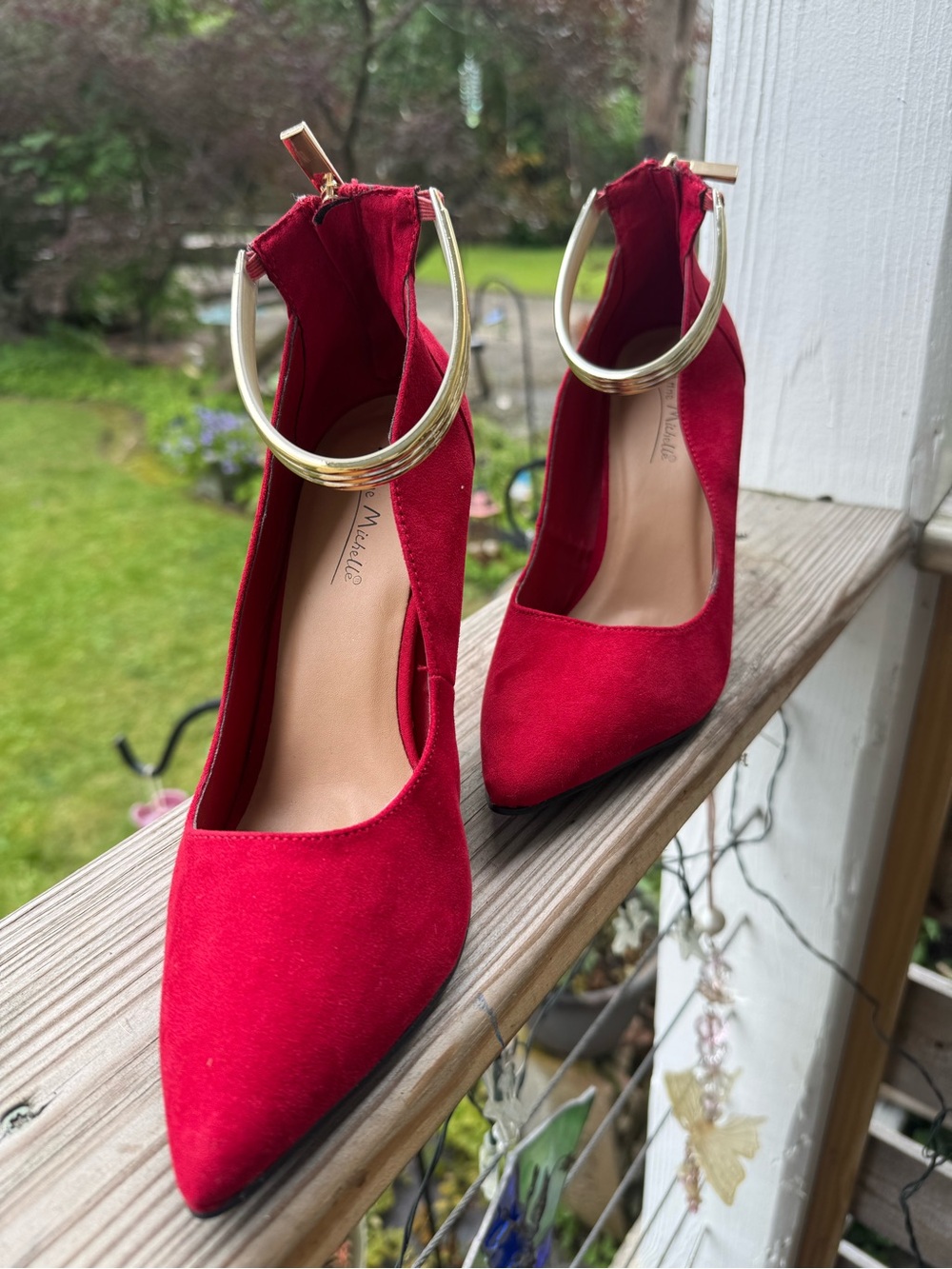 Red Suede Pointed Toe Heels with Gold Ankle Cuff